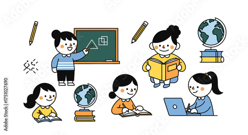 Cute illustration depicting learning environment featuring teacher and happy students learning in