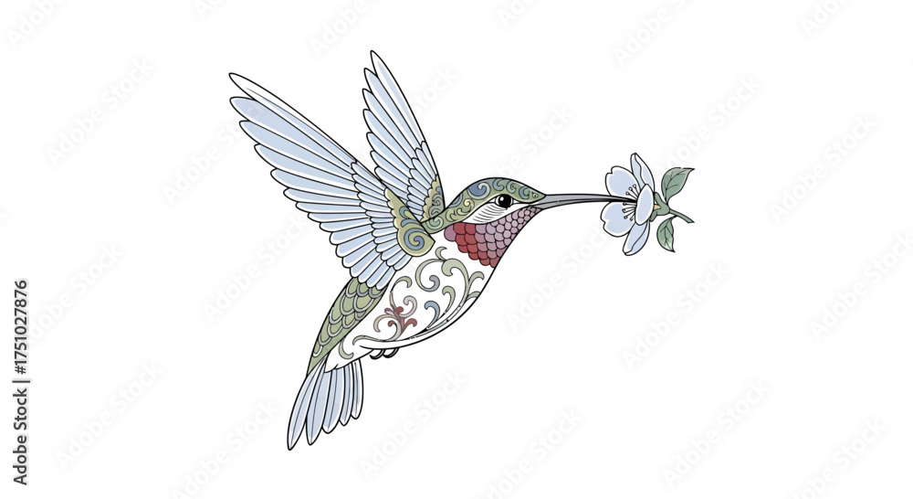 Fototapeta premium Detailed hummingbird artwork carrying a flower in its beak with intricate patterns filling the body