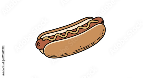 Delicious hot dog illustration with mustard swirl isolated on white background