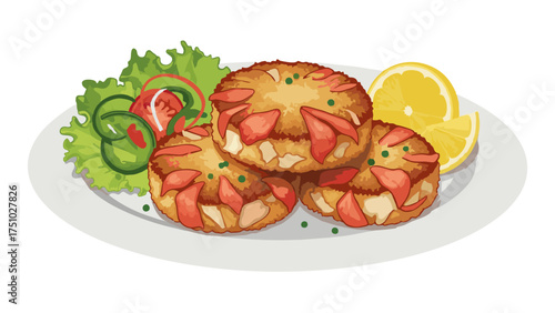 Plate with three stuffed tomatoes, lettuce, cucumber, onion, and lemon slices.