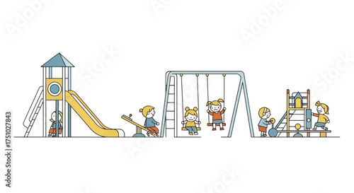 Delightful playground scene with children enjoying various activities for recreational fun