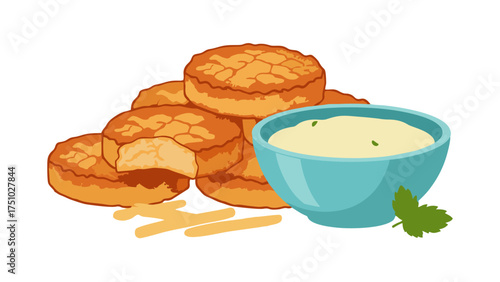 Stack of Golden Brown Biscuits with Creamy Dip and Garnish.