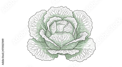 Detailed botanical illustration showcasing a vibrant cabbage head with intricate leaf venation