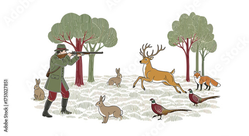 Depiction of a hunter aiming at wildlife in a whimsical natural habitat environment setting