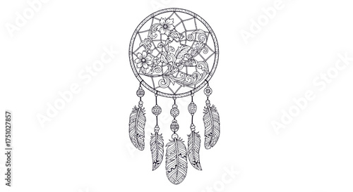 Detailed Dreamcatcher Illustration with Intricate Floral Design and Hanging Feathers