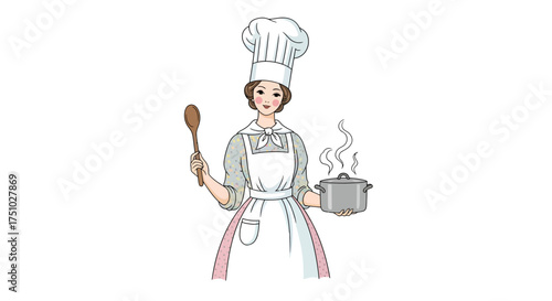 Delightful woman chef with a steaming pot and a wooden spoon against a white background