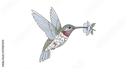 Detailed hummingbird artwork carrying a flower in its beak with intricate patterns filling the body