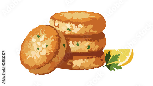 Stack of golden-brown crab cakes with lemon and parsley garnish, seafood appetizer.