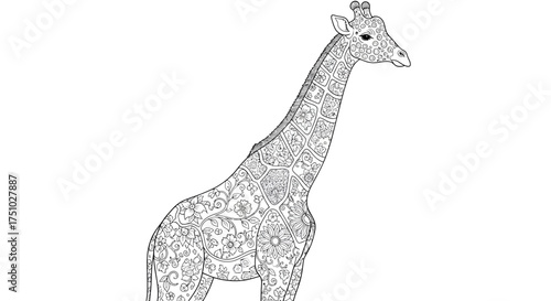 Detailed Giraffe Illustration with Botanical and Geometric Patterns on White Backdrop