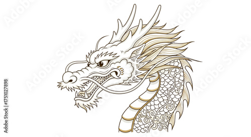 Detailed illustration of a majestic eastern dragon head with intricate line work and ornamentation