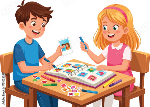 Children scrapbooking together, creative activity, memory keeping, art supplies, photo decoration, teamwork, crafting fun, colorful table, joyful learning, indoor scene