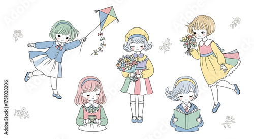Playful adventures of young girls in a whimsical illustration with soft pastel hues