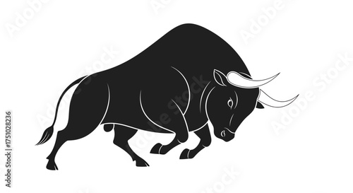 Powerful silhouette of a charging bull animal symbol design with stark white background illustration
