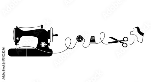 Sewing journey illustration with machine, thread, button, thimble, and scissors on a white backdrop