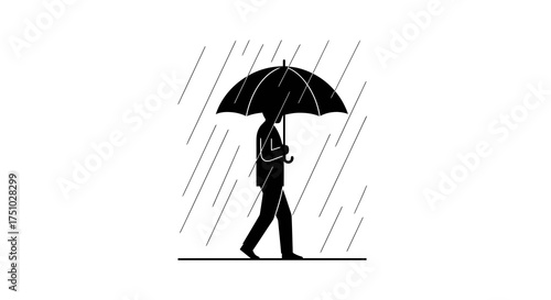 Silhouette figure walking under umbrella in rain depiction of resilience and isolation