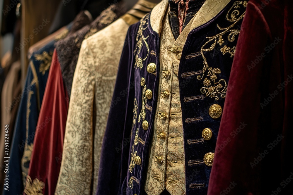 Fototapeta premium royal clothing showcasing velvet coats with gold buttons and silk scarves