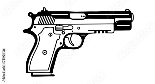Striking black and white line art illustration of a handgun with strong definition