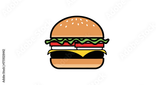 Stylized burger graphic with sesame seed bun and fresh vegetable toppings design