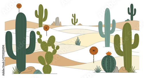 Stylized desert landscape featuring various species of cacti and blooming desert flora