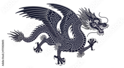 Stylized illustration of an intricately detailed majestic dragon on a transparent background