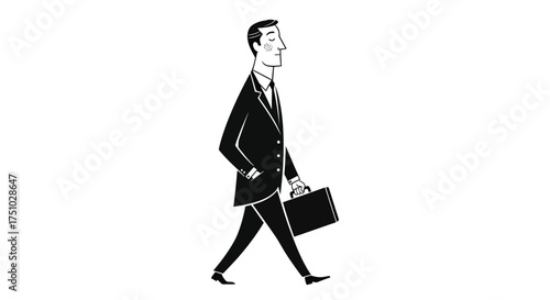 Stylized monochrome depiction of a businessman striding forward with briefcase