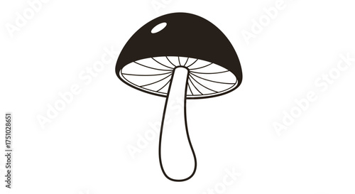 Stylized monochrome mushroom illustration with intricate gill structure isolated on a clean white