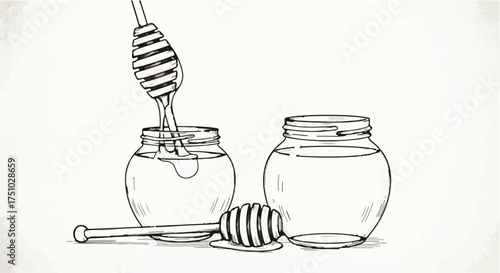 Hand-drawn illustration of honey pots and dippers, showcasing natural sweetness and rustic charm.