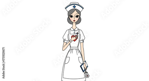 Stylized nurse with a kind expression, holding flowers and a chart, embodying dedication and