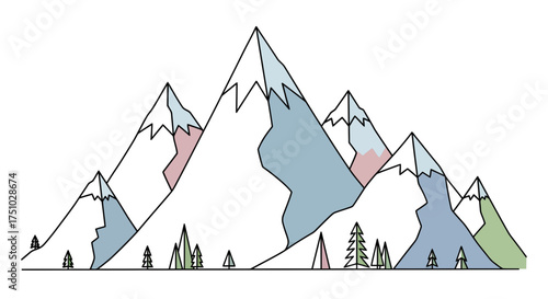 Stylized mountain range illustration with pastel color palette and simplistic line art design