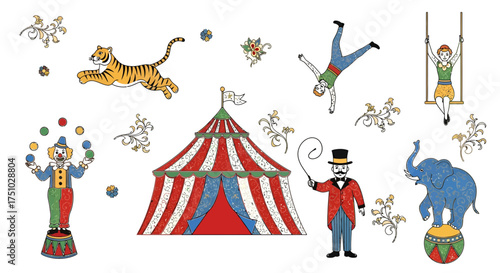 Vintage circus with vibrant characters and big top illustration evoking joyful memories