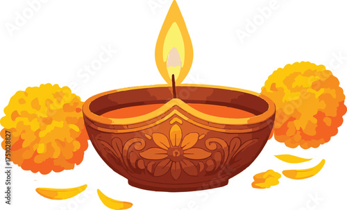 Ornate Diya Surrounded by Marigold Blooms