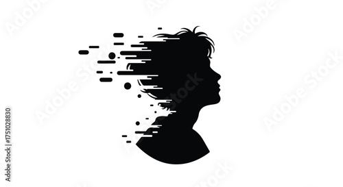 Silhouette of a person's head dissolving into abstract digital particles, symbolizing memory loss or thought dispersal.