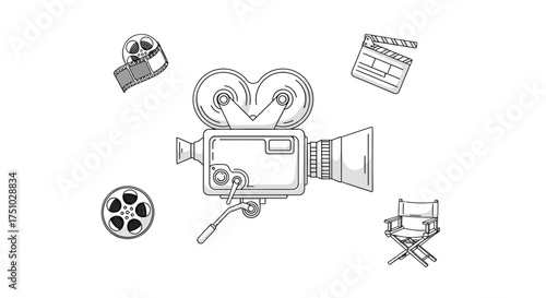 Vintage Film Industry Elements Seamless Pattern Featuring Classic Camera and Director's Chair