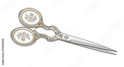 Vintage floral handled scissors illustration providing a classic crafting design element