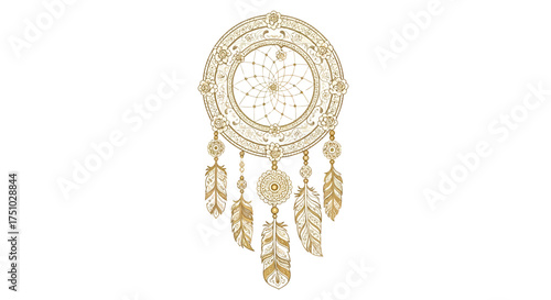 Elaborate golden dreamcatcher illustration with floral accents and delicate feather details