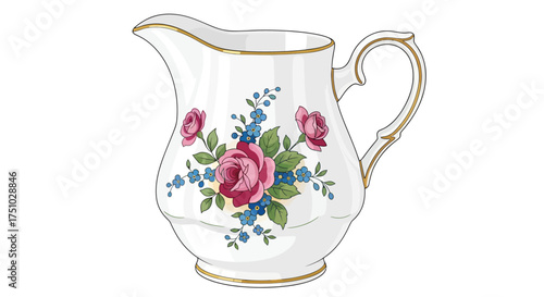 Vintage Floral Pitcher Illustration in Delicate Style with Roses and Forget-Me-Nots