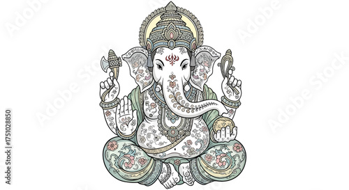 Elaborate depiction of Ganesha with intricate floral embellishments and refined ornamental style