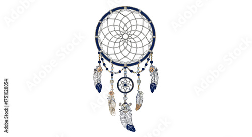 Elaborate dreamcatcher design with woven web, beaded details and feather accents set against white