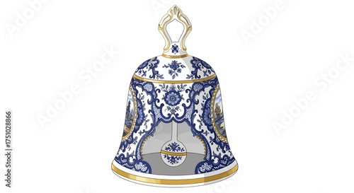 Elaborately decorated blue and white bell with golden accents on a white background