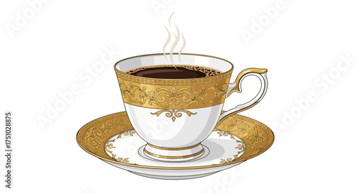 Elaborate teacup filled with dark steaming liquid adorned with gold pattern design
