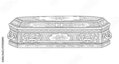 Elaborate ornate crafted casket or coffin design with floral embellishments and decorative metal