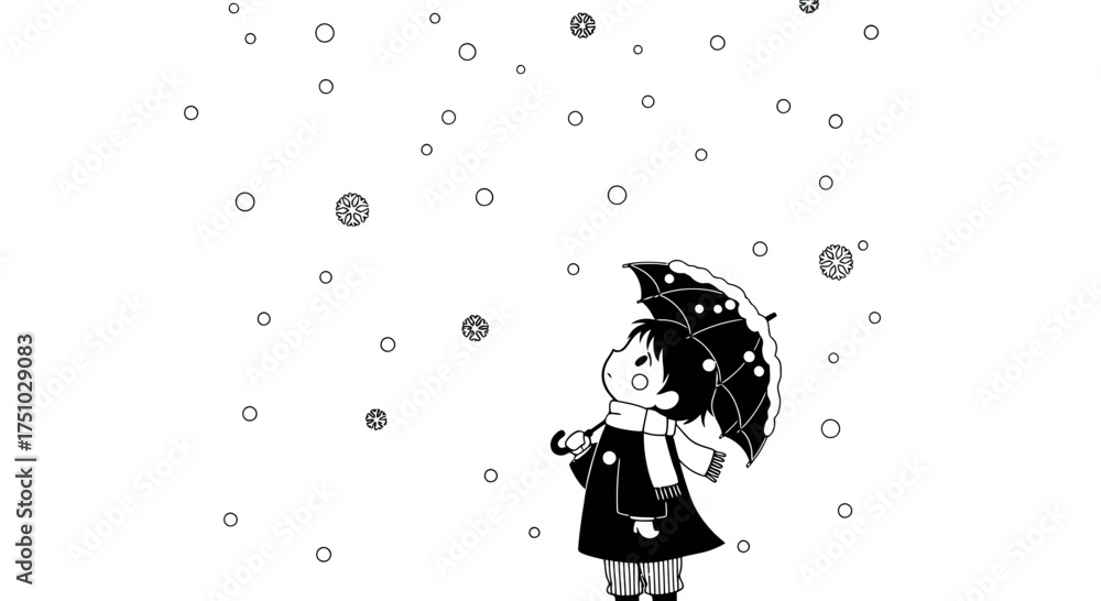 Fototapeta premium Winter's embrace: A monochrome depiction of a child's fascination with falling snow under umbrella