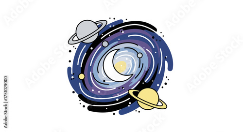 Whimsical galaxy illustration with planets and crescent moon, cosmic wonder