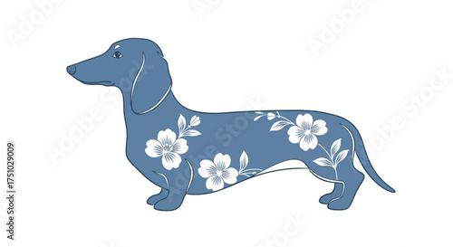 Elegant dachshund illustration adorned with floral patterns against a pristine white background