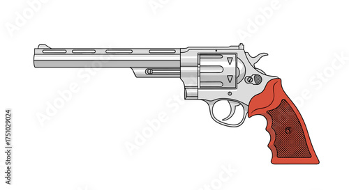 A detailed illustration of a silver revolver with a red checkered grip and a long barrel. A classic firearm design is depicted with intricate mechanical details visible on the frame and cylinder.