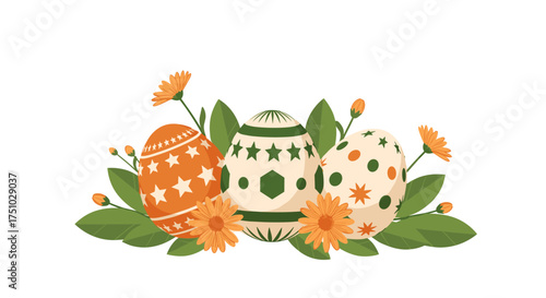Decorated Easter eggs with flowers and leaves arrangement
