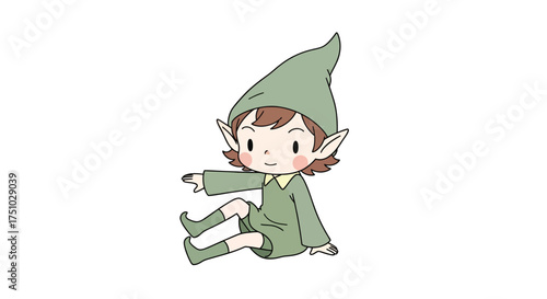 Whimsical Illustration of a Young Elf Child Sitting Down in a Relaxed Pose and Expression