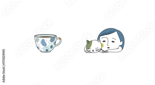 Whimsical morning blues: A sleepy woman and her cat with a cup of coffee beside them