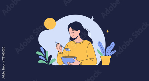 A young woman enjoys a healthy breakfast in a cozy setting