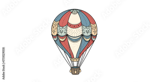 Whimsical Vintage Hot Air Balloon Illustration with Intricate Detailing and Pastel Colors